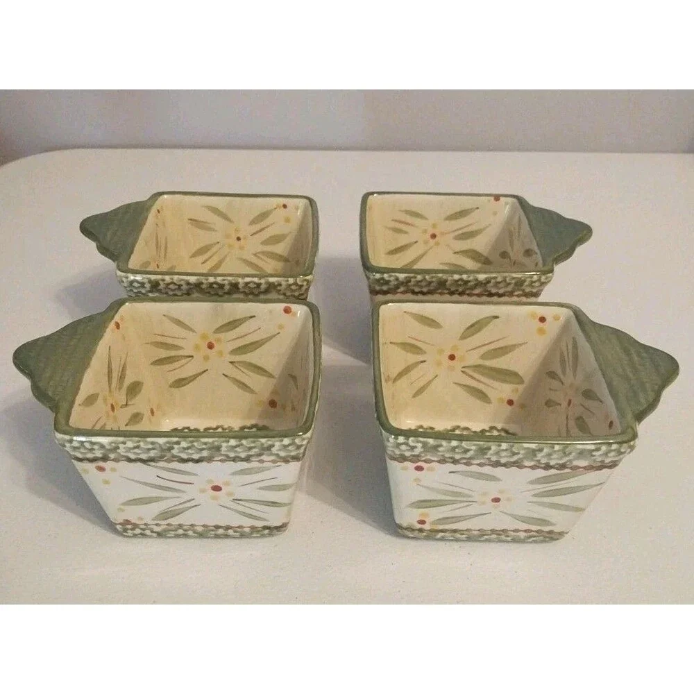 Temptations Old World Green Set of 4 Square Ramekins 10oz Individual Bakers 3”